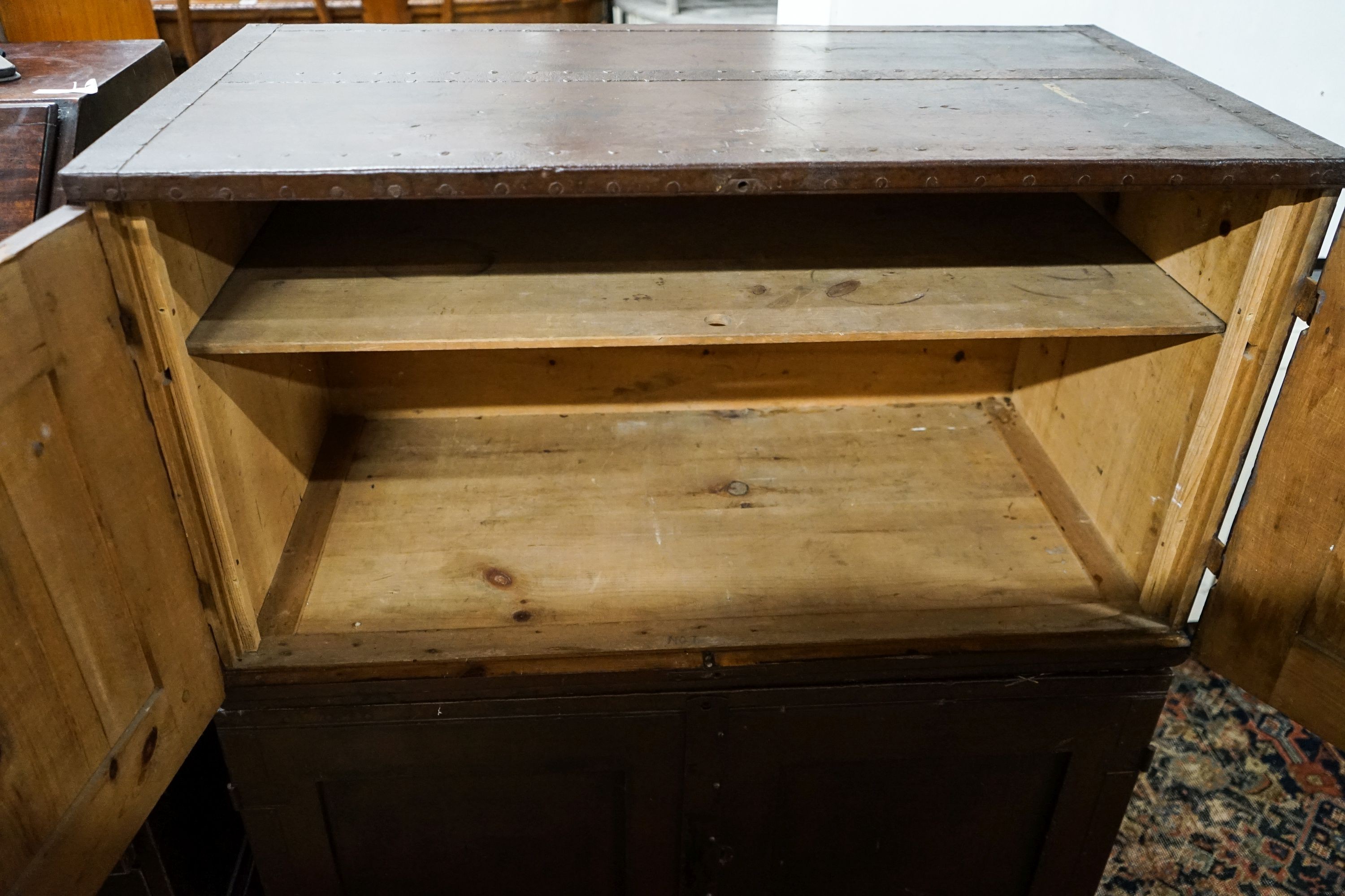 A pair of iron bound hardwood campaign cabinets, each width 97cm, depth 51cm, height 52cm